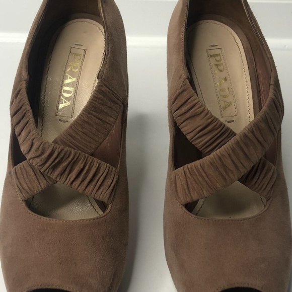 Prada Dark Tan Suede Elastic Ruched Strappy Heels - Picture 2 of 16